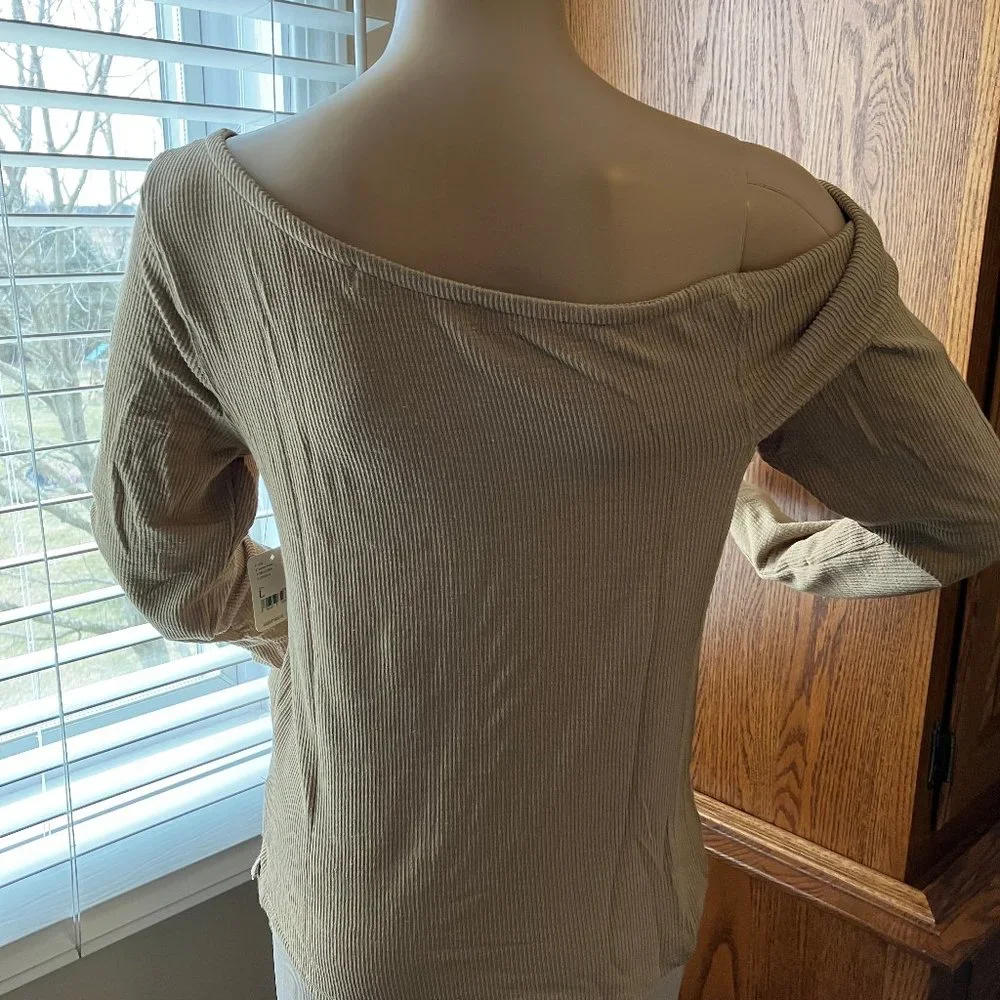 Free People Addie Top - Long Sleeve Off-Shoulder Ribbed Top in Tan